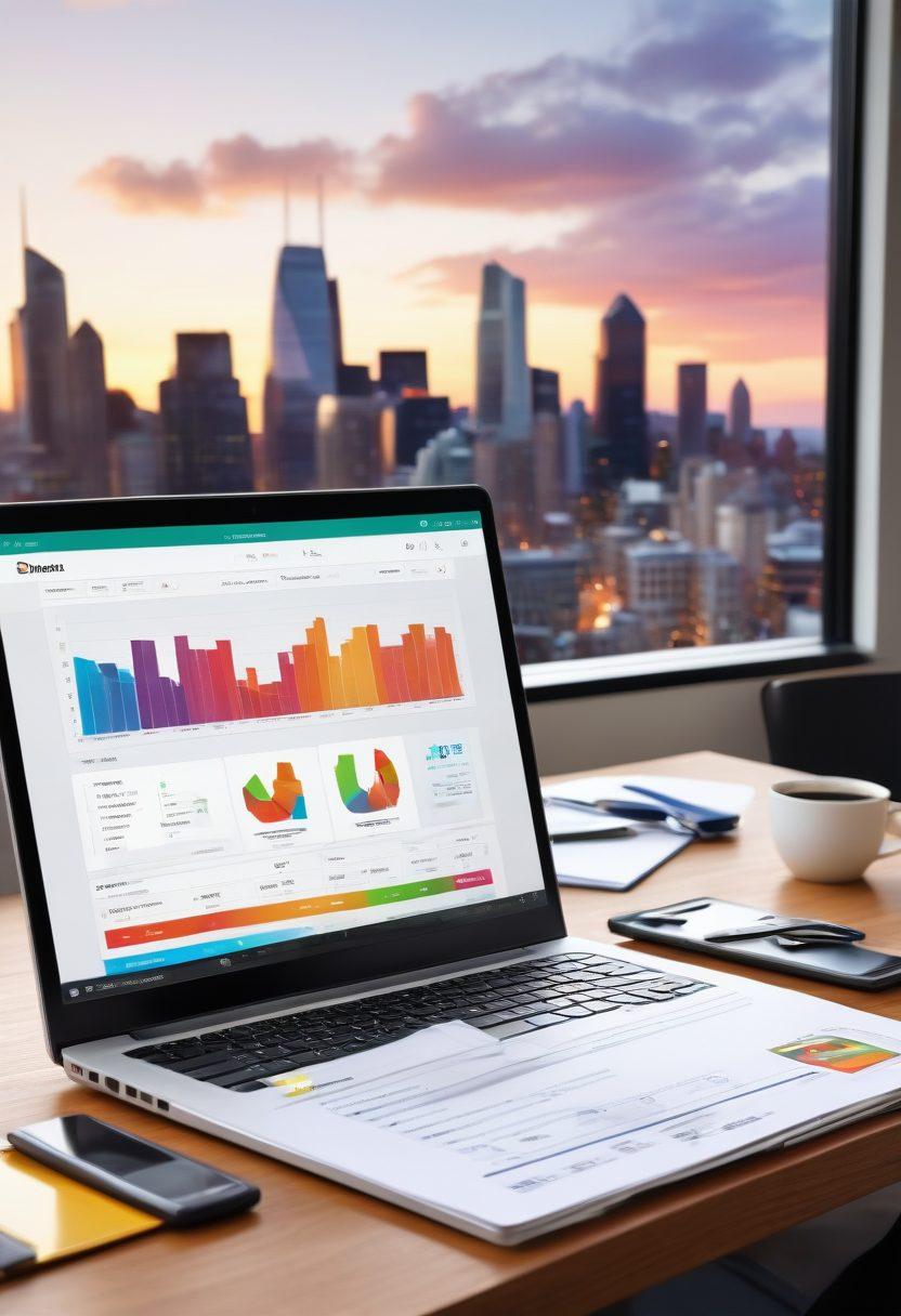 A modern, sleek desktop with an open laptop displaying a comparison of insurance rates against a backdrop of cityscape. Include visual elements like a calculator, a notepad with strategy notes, and icons symbolizing full coverage and collision insurance. The scene should evoke a sense of financial savvy and empowerment with vibrant colors. super-realistic. vibrant colors. bright background.
