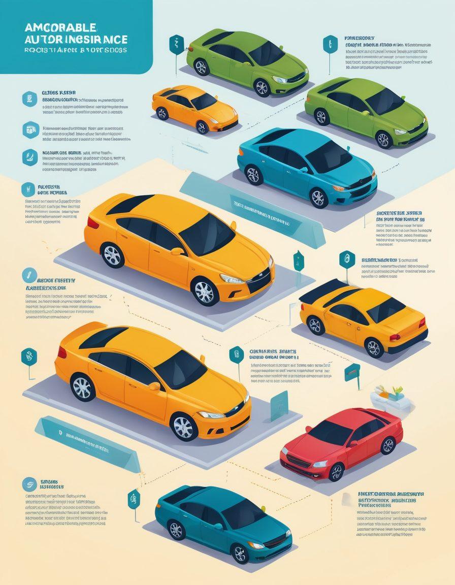 A detailed infographic depicting various symbols of affordable auto insurance like a car shield, dollar bills, and a calculator, set against a backdrop of diverse vehicles (sedans, SUVs, electric cars). Include a checklist with key points on 'Comprehensive Coverage', 'Discounts', and 'Policy Tips'. Use vibrant colors to create an engaging and informative experience. vector art. bright background.