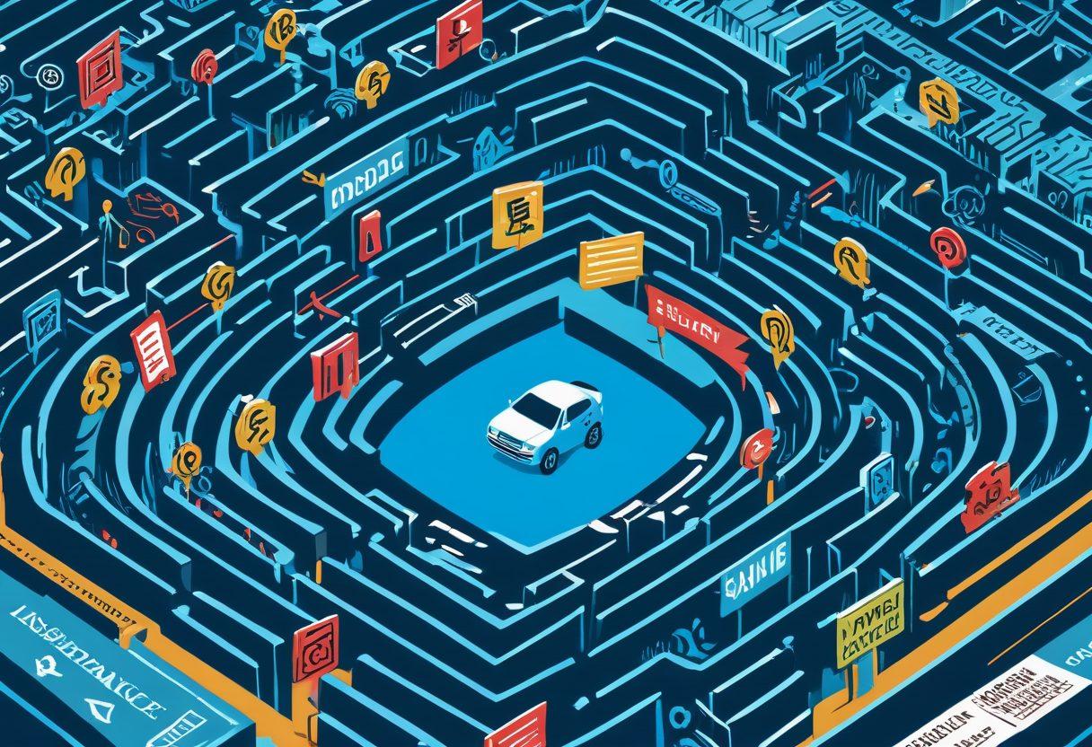 A vast labyrinth made of large insurance documents and policy symbols, with a person navigating through the maze holding a magnifying glass and a calculator. Bright arrows pointing towards savings and comprehensive coverage features are scattered throughout the maze. The sky above is a clear blue, symbolizing clarity in understanding auto insurance. Include a few playful cartoonish elements, like cars and dollar signs, to add a light-hearted feel. vibrant colors. vector art.